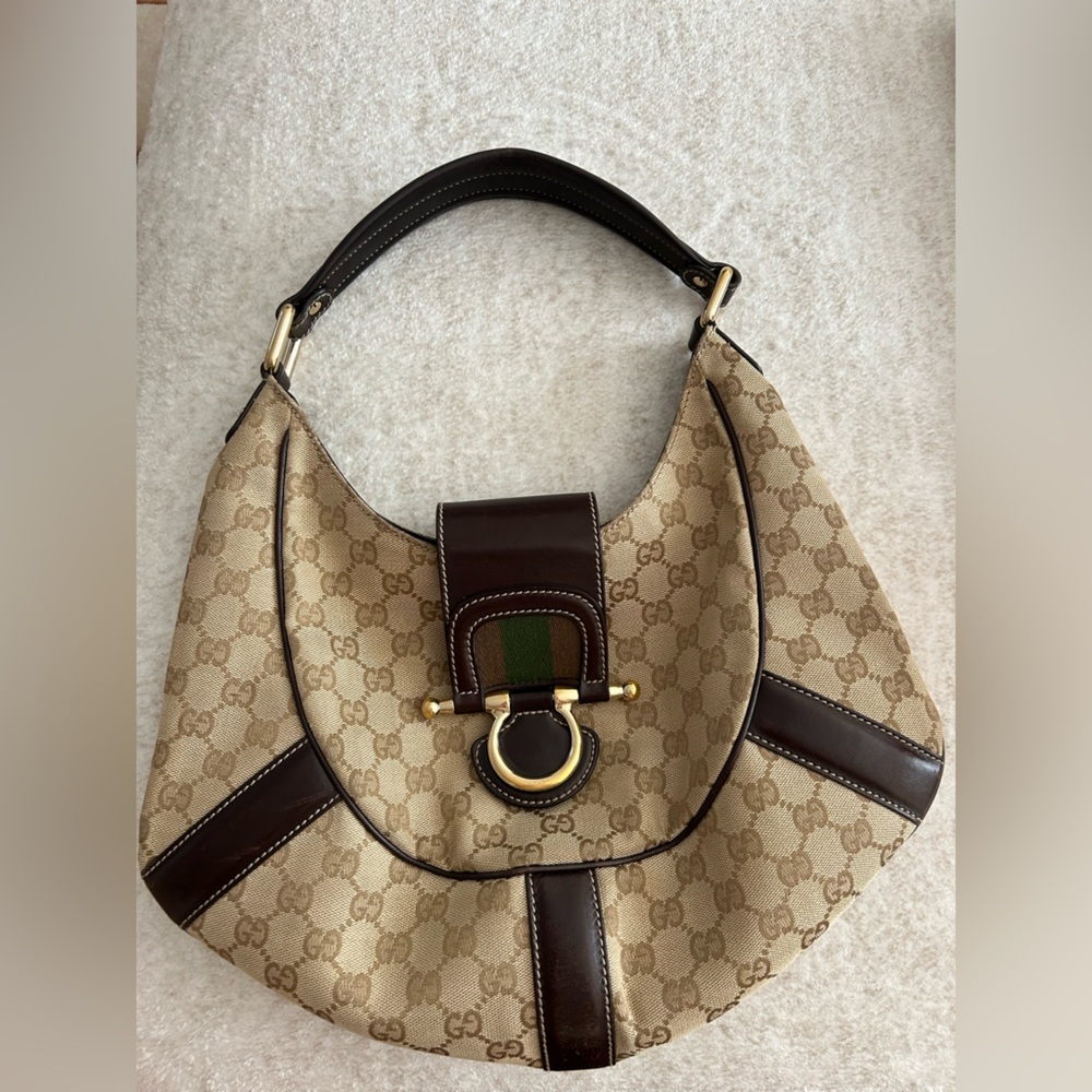 Vintage Gucci Cream and Brown Hobo Bag with Gold Accents